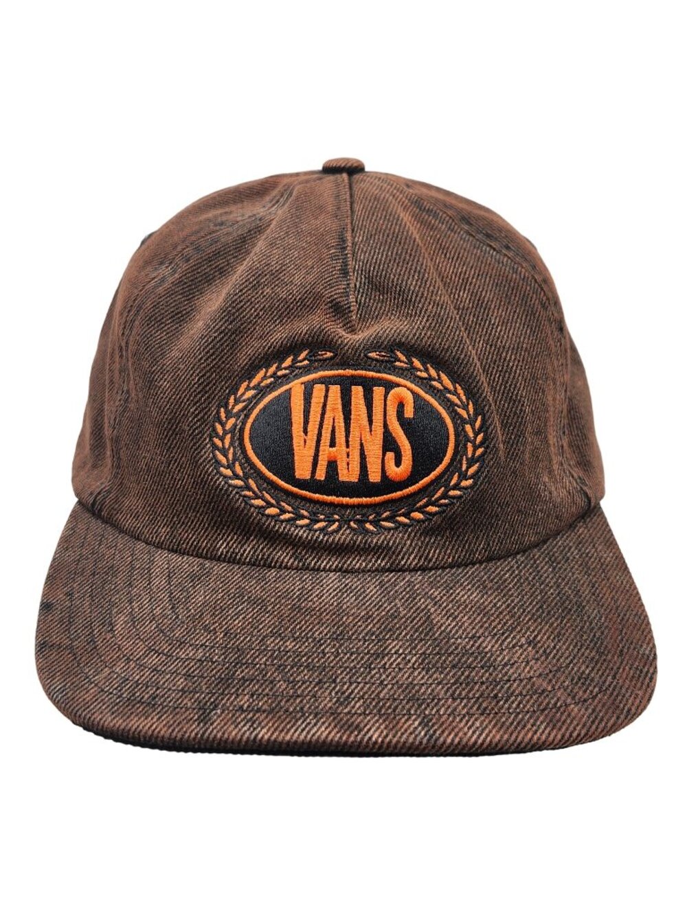 Vans Brown Denim Snapback Hat With Embroidered Orange Logo
